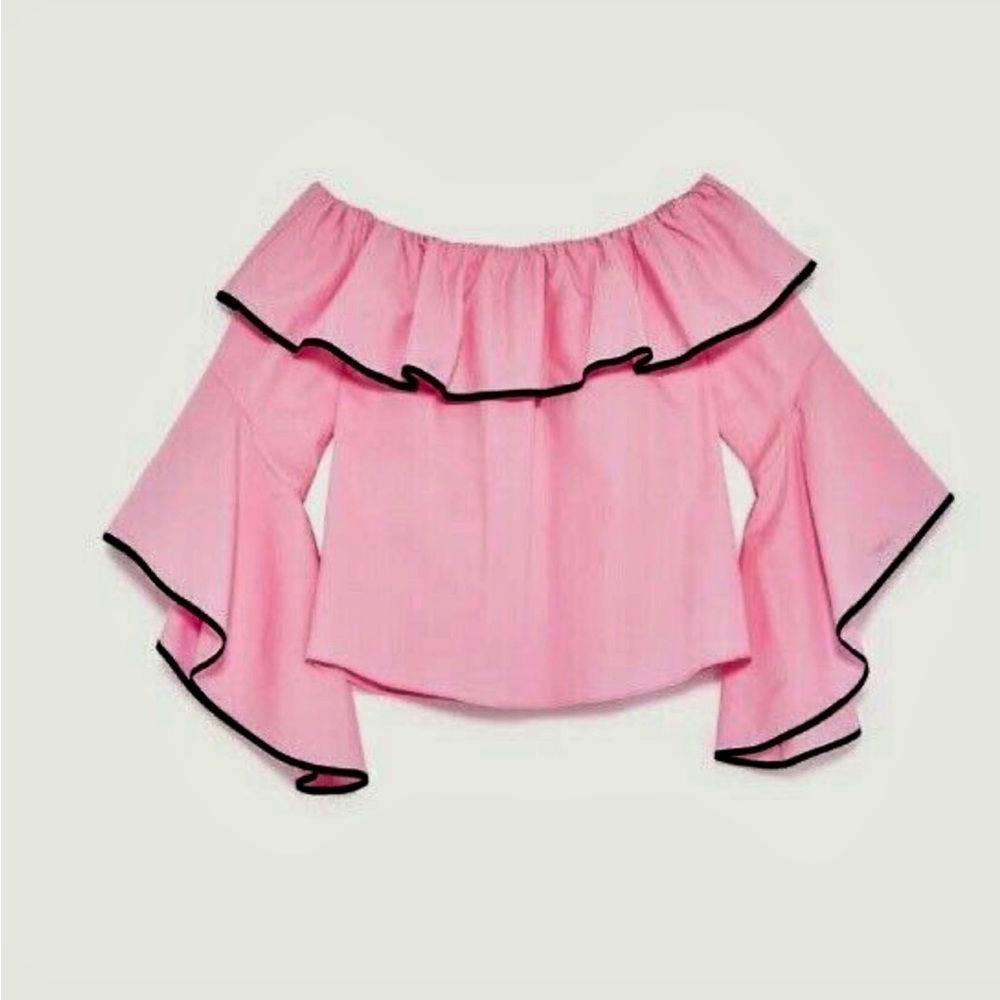Pink Off-Shoulder Ruffle Blouse
